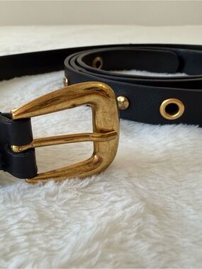 Maje Black  Leather Belt with Gold Buckle and Grommets